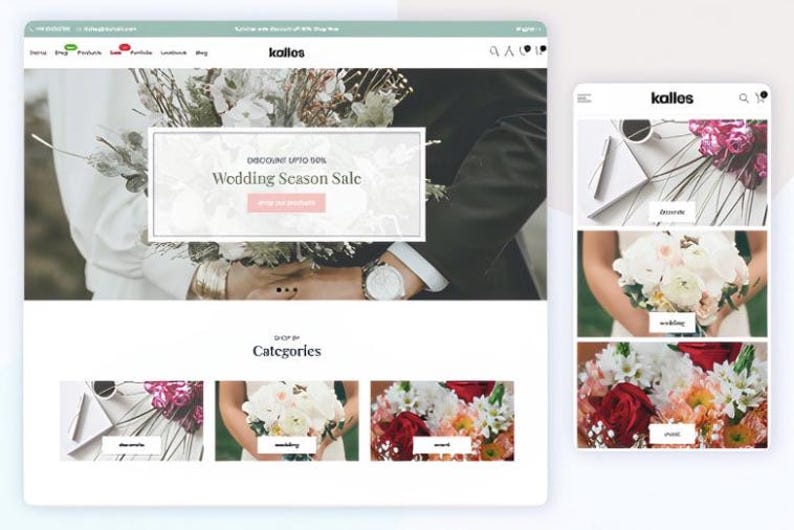 K&ouml;nnte beinhalten: Website- und mobile App-Oberfl&auml;che f&uuml;r einen E-Commerce-Shop zum Thema Hochzeit. Die Website zeigt ein Banner f&uuml;r einen Hochzeits-Saison-Sale. Die mobile App zeigt Produktkategorien mit Bildern von Blumenarrangements.