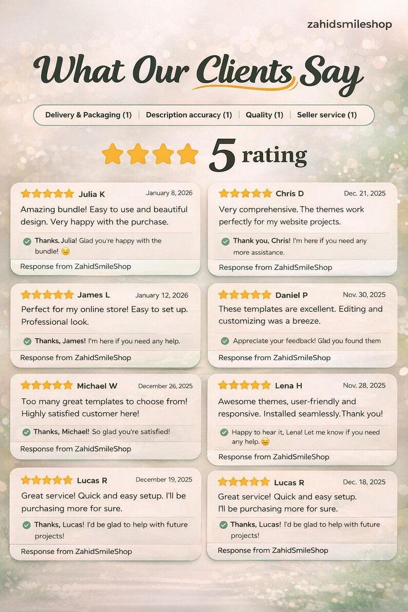 May include: Image showcasing customer testimonials with a 5-star rating. The text "What Our Clients Say" is at the top, followed by reviews praising the product's design, ease of use, and customer service. The reviews are from various dates.