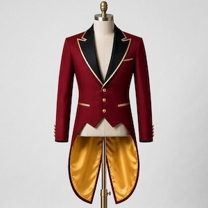 May include: A deep red tailcoat jacket featuring a black peak lapel with gold piping, three gold-toned buttons on the front, and a vibrant gold satin lining visible in the back tails. The jacket is displayed on a mannequin torso.