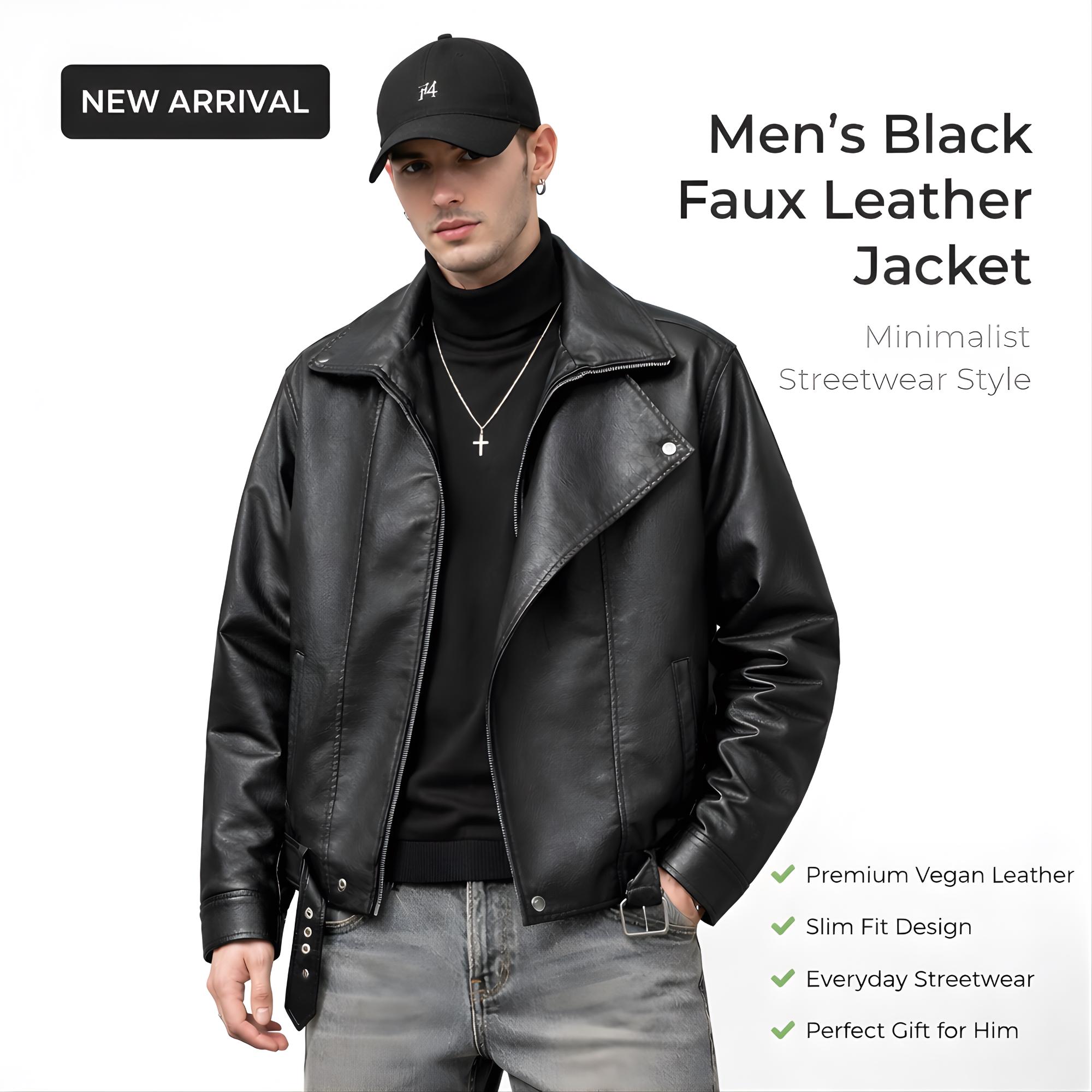 Giubbotto Uomo Slim Fit In Ecopelle Nera, Con Cappuccio E Cerniera, Stile Moto Biker