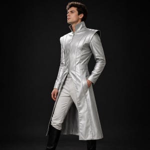 Silver Metallic Futuristic Trench Coat, High Collar Cyberpunk Cosplay Jacket for Men, Sci-Fi Overcoat