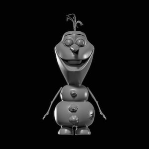May include: A grayscale 3D rendering of Olaf, the snowman character from the animated film "Frozen." Olaf has a large, smiling face with a carrot nose, twig arms, and a three-section body. The background is solid black.