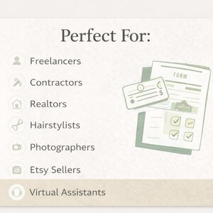 May include: A light beige graphic with the text "Perfect For:" and a list of professions, including Freelancers, Contractors, and Etsy Sellers. Illustrations of a form and a card are also present.