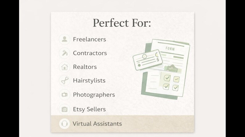 May include: A light beige graphic with the text "Perfect For:" and a list of professions, including Freelancers, Contractors, and Etsy Sellers. Illustrations of a form and a card are also present.