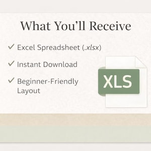 May include: A digital product image with the text "What You'll Receive" and bullet points: Excel Spreadsheet (.xlsx), Instant Download, and Beginner-Friendly Layout. An XLS file icon is also present.