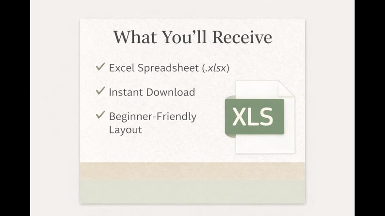 May include: A digital product image with the text "What You'll Receive" and bullet points: Excel Spreadsheet (.xlsx), Instant Download, and Beginner-Friendly Layout. An XLS file icon is also present.