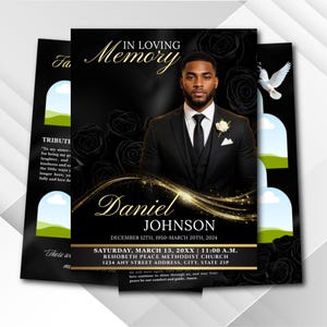 May include: A memorial card with a portrait of a man in a black suit, with the text "In Loving Memory" at the top. The card includes the name "Daniel Johnson" and dates, with additional text and a dove illustration.
