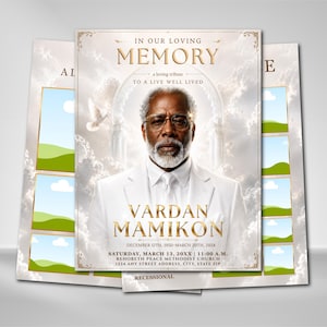May include: A funeral programme template featuring a portrait of an older person with a white beard and glasses wearing a white suit. The text reads IN OUR LOVING MEMORY, VARDAN MAMIKON, DECEMBER 12TH, 1950-MARCH 20TH, 2024, and REBOHETH PEACE METHODIST CHURCH.