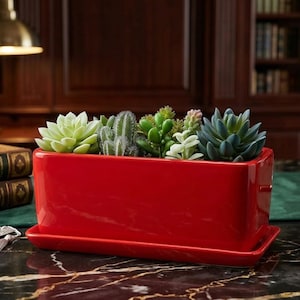 Puede incluir: Una jardinera rectangular de cerámica roja brillante llena de suculentas artificiales variadas. La jardinera se asienta sobre una bandeja rectangular a juego. Las suculentas incluyen varios tonos de verde, blanco y azul.