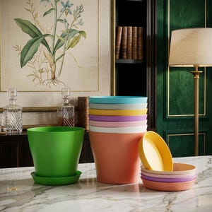 Plastic Flower Pot with Drain Tray, Indoor Outdoor Plant Pot, Nursery Planter Pot, Colorful Garden Pot, Breathable Plant Container