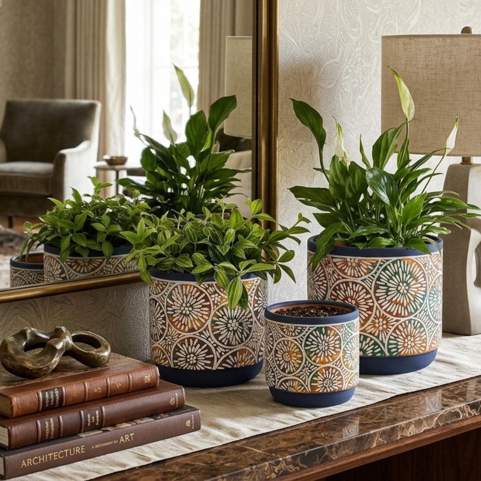 Embossed Floral Ceramic Plant Pots Set, Modern Decorative Indoor ...