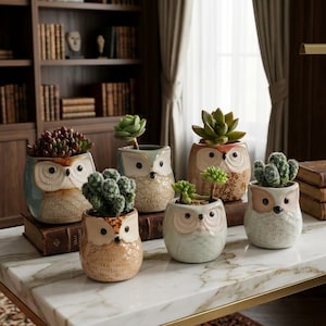 Op de afbeelding: Zes keramische uilvormige plantenpotten, elk met een vetplant of cactus. De potten zijn in verschillende kleuren, waaronder blauw, bruin en crème, en staan op een marmeren oppervlak. De uilengezichten hebben gedetailleerde ogen en veermotieven.