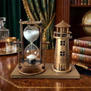 May include: A decorative desk accessory featuring a brass-toned hourglass with white sand and a matching lighthouse figurine mounted on a rectangular base. The lighthouse has a multi-level structure with small windows and a balcony, finished in a weathered metallic gold tone.