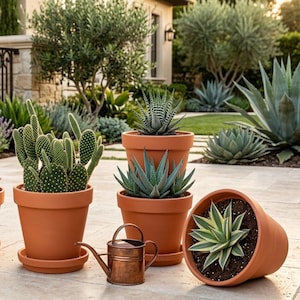 May include: An outdoor scene featuring several terracotta pots with various succulents and cacti. A small copper watering can sits in front of the pots. The plants include a prickly pear cactus, aloe, and a zebra plant. The scene is set in a garden.