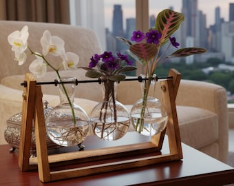 Estación de propagación de plantas de madera vintage, jarrones de vidrio con forma de bulbo, maceta hidropónica para decoración del hogar.