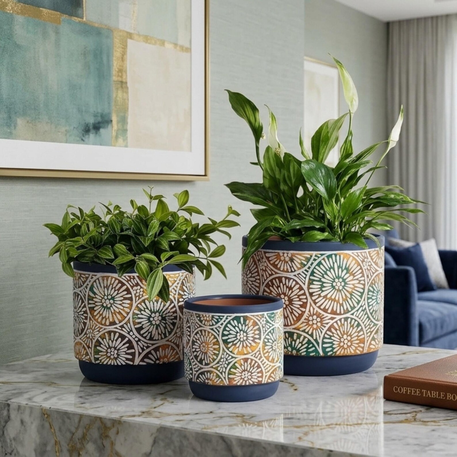 Embossed Floral Ceramic Plant Pots Set, Modern Decorative Indoor ...