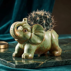 Maceta de cerámica con forma de elefante: maceta adorable para suculentas con orificio de drenaje, soporte rústico para plantas de interior y exterior.