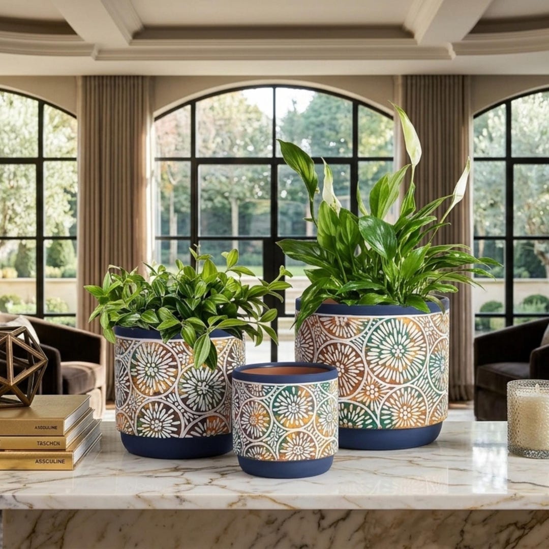 Embossed Floral Ceramic Plant Pots Set, Modern Decorative Indoor ...