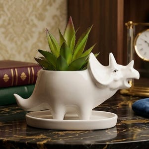 トリケラトプス恐竜の植木鉢、排水トレイ付きのかわいいセラミック多肉植物用植木鉢、白い動物型植木鉢、ユニークなデスク装飾、植木鉢ギフト