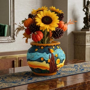 May include: A decorative vase with a swirling blue, yellow, and orange design, filled with sunflowers, small pumpkins, and pinecones. The vase sits on a wooden table with a blue patterned runner, creating a fall-themed centrepiece.