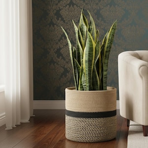 Może przedstawiać: Wysoka, cylindryczna pleciona donica z wężownicą. Donica ma naturalną beżową górną część, czarny pas i teksturowaną dolną część. Wężownica ma zielono-żółte paski na liściach.