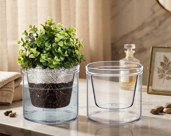 Self Watering Glass Planter,  2 Pcs Clear Indoor Plant Pot with Water Reservoir, African Violet Pot, Orchid Planter, Hydroponic Flower Pot