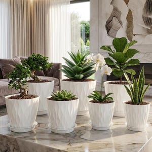 7 Pack Modern Plant Pots with Drainage Holes and Saucers, 4-7 Inch Indoor Outdoor