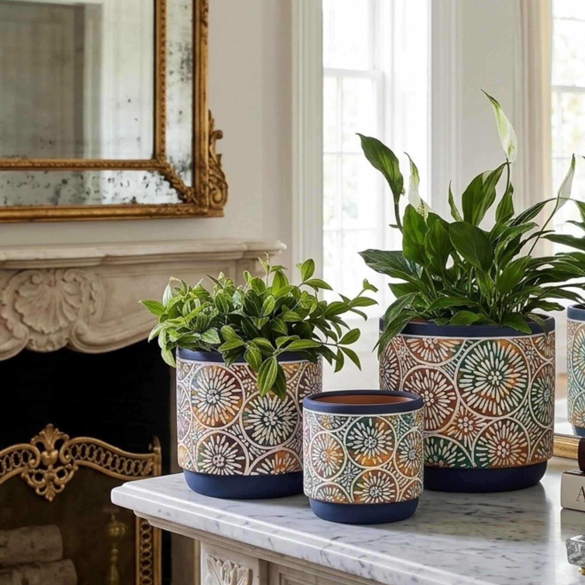 Embossed Floral Ceramic Plant Pots Set, Modern Decorative Indoor ...