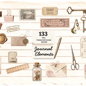 Vintage Journal Clipart Bundle, Junk Journal Elements PNG, Ephemera, Scrapbook Stickers, Antique Stationery