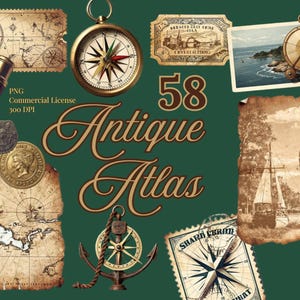 May include: An assortment of antique maps, compasses, and nautical-themed illustrations on a dark green background. The image includes a telescope, coins, and the text "58 Antique Atlas". The overall theme is vintage exploration and cartography.