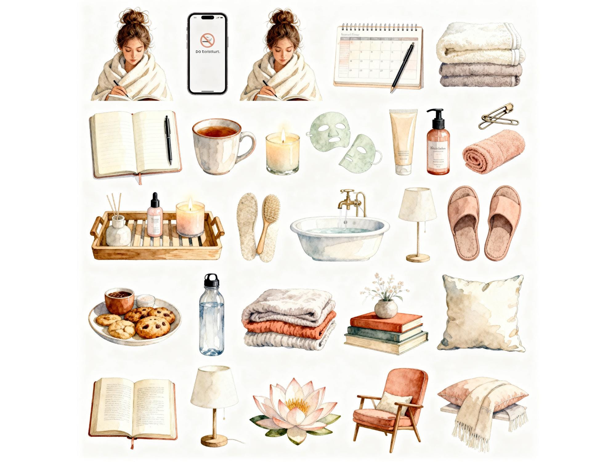 Cozy Watercolor Wellness & Self Care Clipart Bundle (85 PNG Files) - Etsy