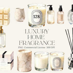 Puede incluir: Ilustración en acuarela de productos de fragancia para el hogar de lujo, que incluyen velas, difusores y botellas. La imagen presenta una variedad de artículos con tonos neutros y embalaje elegante, con el texto "LUXURY HOME FRAGRANCE".