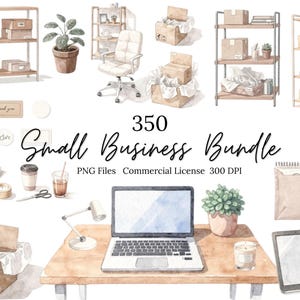 May include: Watercolor illustration of a small business bundle with various elements. Includes shelves with boxes, office supplies, a laptop, and a desk. The text "350 Small Business Bundle" is displayed.
