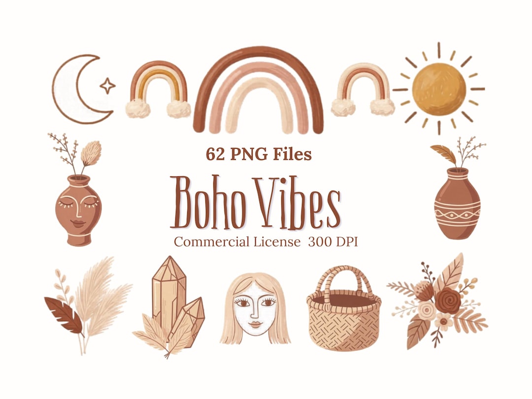 Boho Clipart Bundle – 62 PNG Files | Neutral Rainbow, Pampas Grass ...