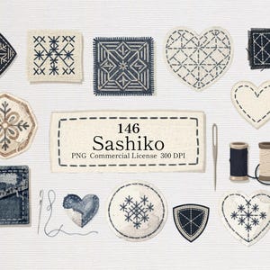Puede incluir: Una colección de diseños de bordado Sashiko en varias formas, incluyendo cuadrados, corazones y círculos. Los diseños presentan patrones intrincados en azul marino y crema, junto con carretes de hilo y una aguja. La imagen incluye el texto "146 Sashiko".