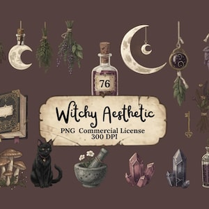 May include: Digital illustration of witchy aesthetic elements, including a crescent moon, potion bottles, herbs, crystals, a black cat, and a book. The image has a brown background and includes the text "Witchy Aesthetic".