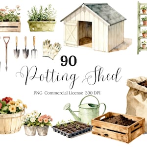 May include: Watercolor illustration of gardening elements, including a potting shed, tools, plants in containers, and a bag of soil. The image includes the text "90 Potting Shed" and "PNG Commercial License 300 DPI".