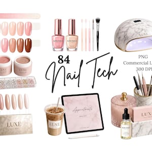 May include: A collection of nail tech supplies, including nail polish, brushes, a UV lamp, and nail art samples. The image features the text "84 Nail Tech" and "LUXE Nail Bar". The color palette is soft pink and neutral tones.