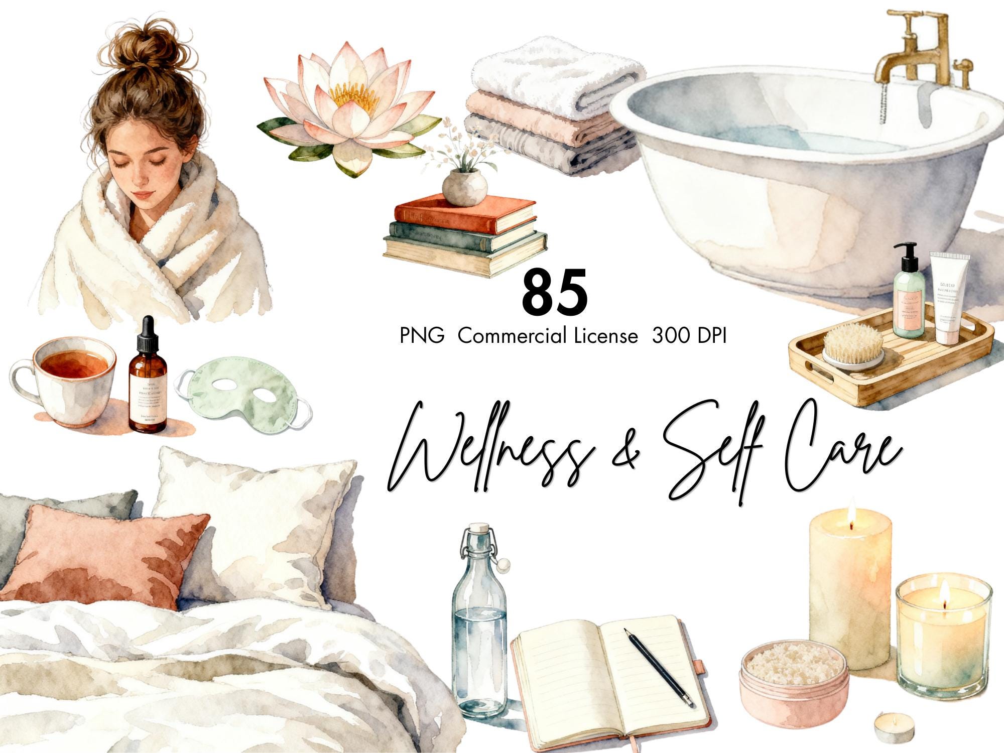 Cozy Watercolor Wellness & Self Care Clipart Bundle (85 PNG Files) - Etsy