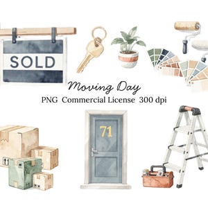 May include: Watercolour illustration with a moving day theme. Includes a "SOLD" sign, keys, potted plant, paint swatches, paint rollers, cardboard boxes, a door with the number 71, a ladder, and a toolbox. Text: "Moving Day".