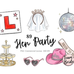 May include: A collection of illustrated hen party themed items. Includes a pink cowboy hat with a tiara, heart-shaped sunglasses, a disco ball, a champagne tower, and a sash that says "Bride to Be". The text "Hen Party" is also present.