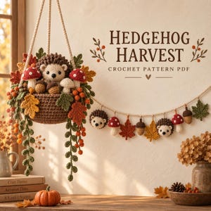 Puede incluir: Un patrón de ganchillo en PDF titulado HEDGEHOG HARVEST que muestra una cesta colgante llena de un erizo de ganchillo, setas rojas y blancas, bellotas y hojas de otoño, junto a una guirnalda a juego de erizos, setas y hojas.