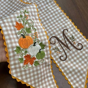Personalized Embroidered Pumpkin Wreath Sash – Gingham Fall Door Decor Monogram