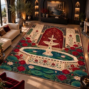 May include: A large rectangular area rug featuring a central stone fountain design surrounded by a pool of water with lotus flowers and lily pads. The border is decorated with vibrant red roses and green foliage on a deep blue and cream background.