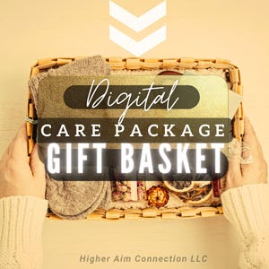 May include: A woven basket filled with a digital care package gift. The basket contains socks, dried flowers, and other items. The text "Digital Care Package Gift Basket" is displayed on the front of the basket.