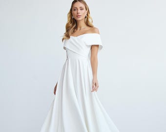 Minimalist White Wedding Dress Off Shoulder, Elegant Bridal Midi Dress, Modern A-Line Gown for Civil Ceremony