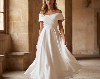 Minimalist White Wedding Dress Off Shoulder, Elegant Bridal Midi Dress, Modern A-Line Gown for Civil Ceremony