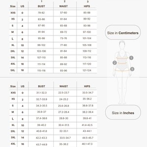 May include: A size chart with measurements in inches and centimeters. The chart includes sizes from XXS to 5XL, listing bust, waist, and hip measurements. A diagram illustrates where to measure the body.