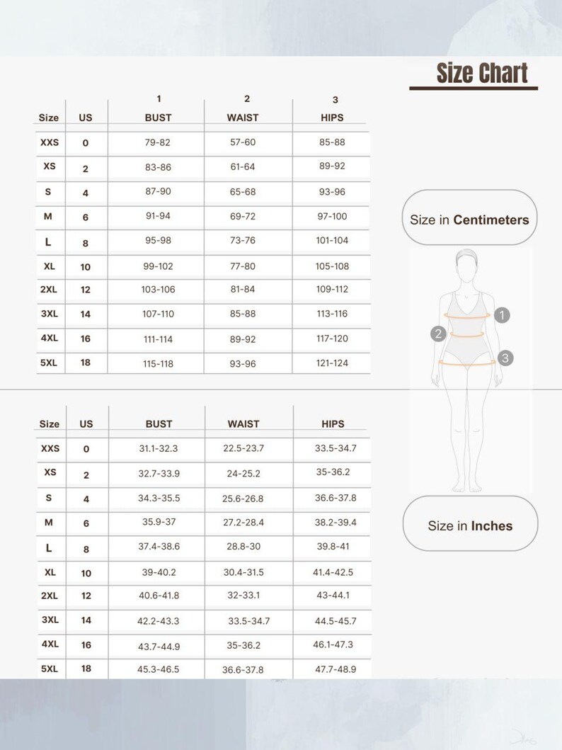 May include: A size chart with measurements in inches and centimeters. The chart includes sizes from XXS to 5XL, listing bust, waist, and hip measurements. A diagram illustrates where to measure the body.