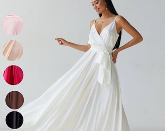 Simple White Silk Wedding Dress with Spaghetti Straps, Minimalist Satin Bridal Gown, Wrap V-Neck Elopement Dress